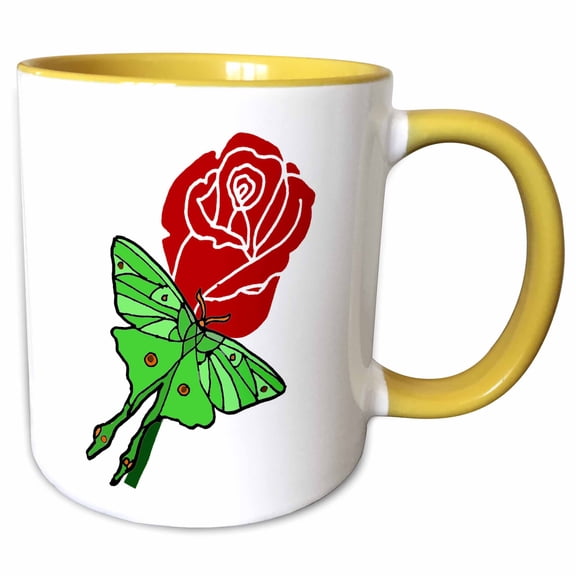 3drose, Cool Fun Luna Moth and Red Rose Gardening and Nature Art, 11oz Two-tone Yellow Mug