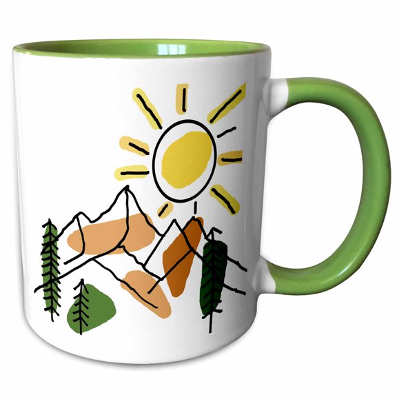 3drose, Cool Fun Sunrise and Mountains Nature, Hiking, Camping Line Art, 15oz Two-tone Green Mug