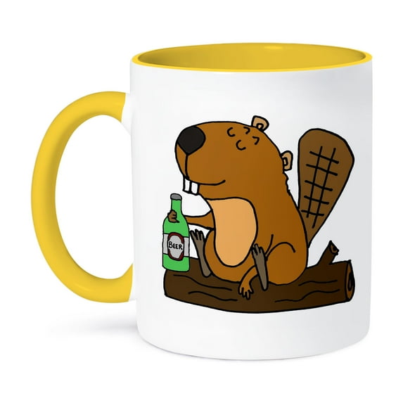 3dRose, Cool Funny Beaver Drinking Beer Cartoon, 11oz Two-Tone Yellow Mug