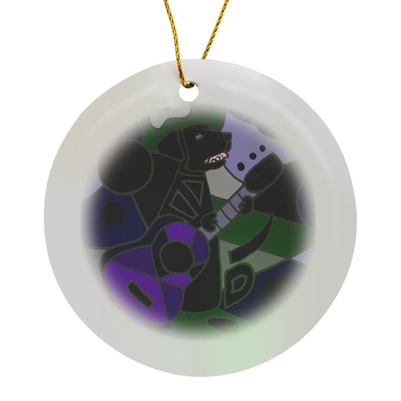 3drose, Cool Funny Black Labrador Retriever Playing Guitar Art, Circle Porcelain Ornament