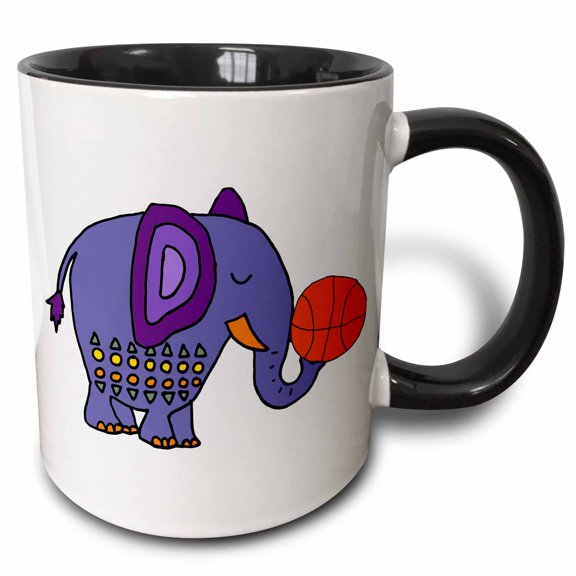 3drose, Cool Funny Blue Elephant Playing Basketball Cartoon, 11oz Two-tone Black Mug