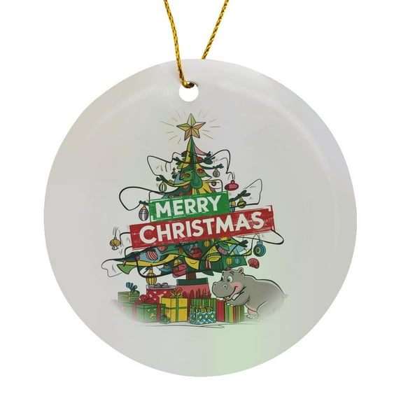 3drose, Cool Funny Colorful Hippo and Gifts and Christmas Tree Christmas Art, Circle Porcelain Ornament