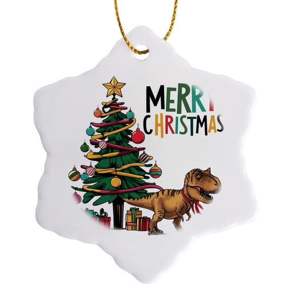 3drose, Cool Funny Colorful T-rex Dinosaur and Christmas Tree Christmas Art, 3 inch Snowflake Porcelain Ornament