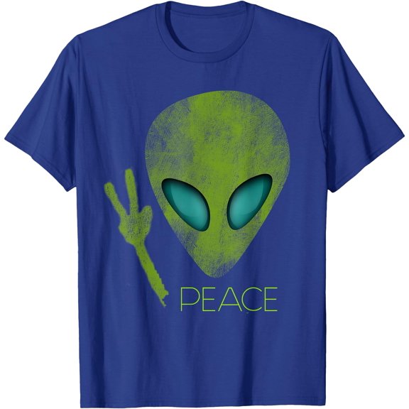 Cool Funny Cute Alien Peace Sign UFO Lover Birthday Gift Unisex T-Shirt for Men Women Kids,Royal Blue Color,Size M