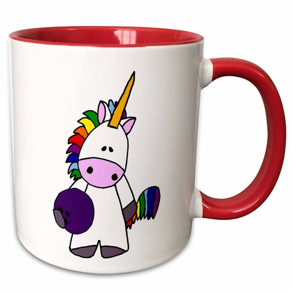 3drose, Cool Funny Cute White Unicorn Bowling Cartoon, 11oz Two-tone Red Mug