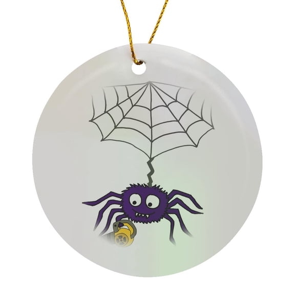 3drose, Cool Funny Purple Spider Using Leaf Blower with Web Cartoon, Circle Porcelain Ornament