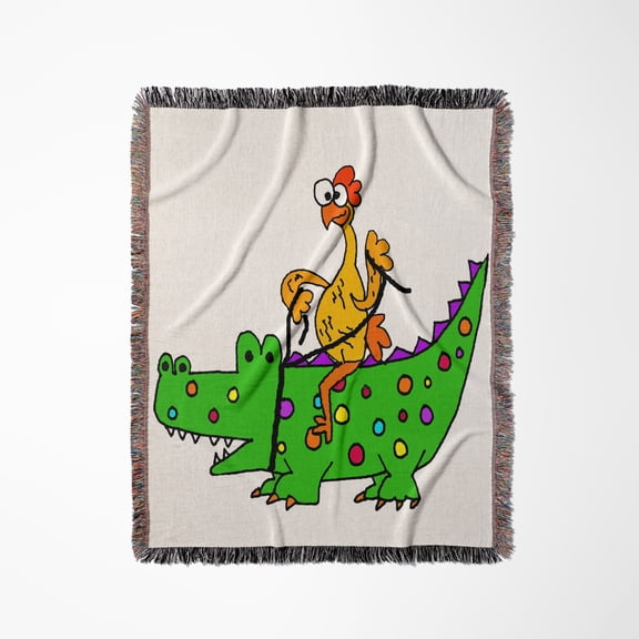 Cool Funny Rubber Chicken Riding Alligator Cartoon, Woven Blanket