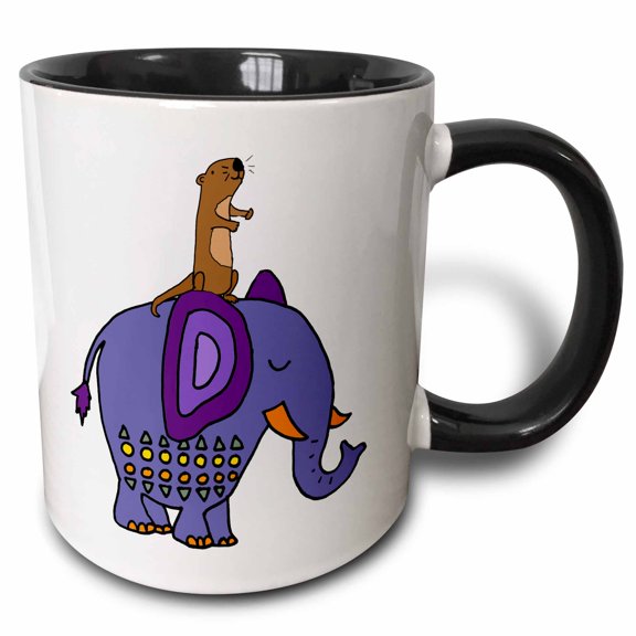 3drose, Cool Funny Sea Otter Riding Blue Elephant Cartoon, 15oz Two-tone Black Mug