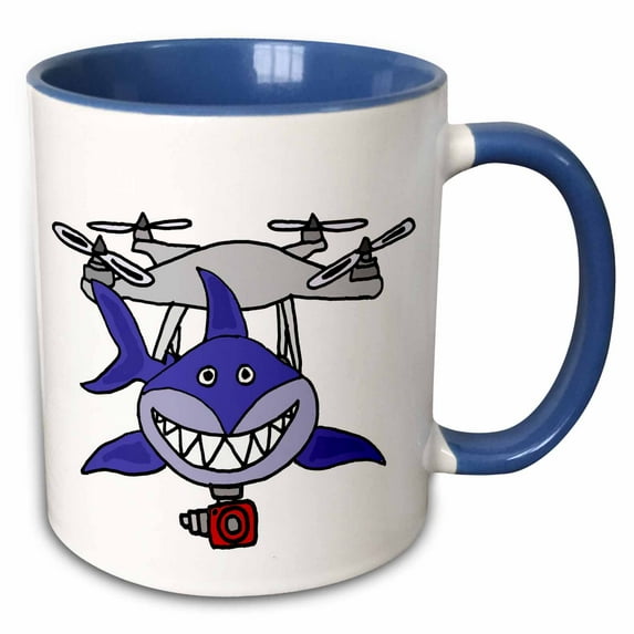 3drose, Cool Funny Shark Drone with Camera Cartoon, 11oz Two-tone Blue Mug