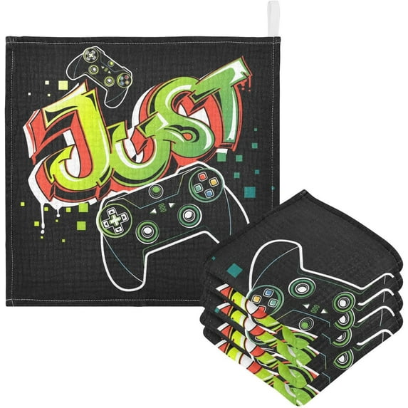 Cool Game Joystick Baby Muslin Washcloths Soft Absorbent Face Towel, Retro Gamepad Controller Burp Cloths Cotton Bath Wipes 5 PCS Infant Wash Cloth for Newborn Boys Girls 12x12 inches