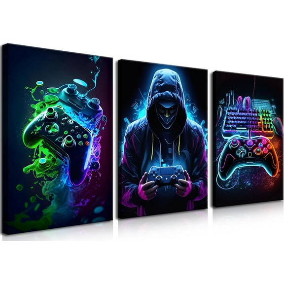 Cool Gaming Canvas Wall Art Unframed Set of 3, Retro Video Game Watercolor Poster Pictures, Neon Gamepad Gamepad Painting Prints Game Room Bedroom Wall Decor 12x16 in Unframed