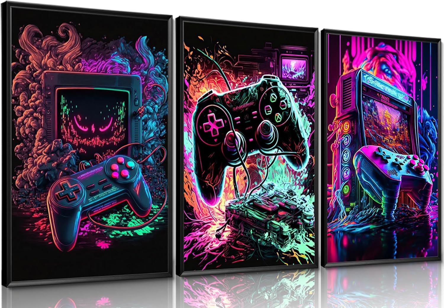 Déco Murale Gaming – Lot De 3 Toiles Gamepad Graffiti Aquarelle 12x16 Pouces