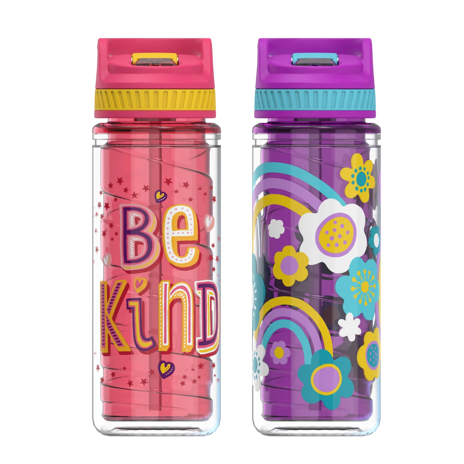 Cool Gear 2-Pack 16 oz Kid's Twist Water Bottle with Double Wall, Sipper Lid and Finger Loop Cap with Printed Design | Great for School, Sports, Outdoors, and More - Be Kind/ Flowers - image 1 of 3