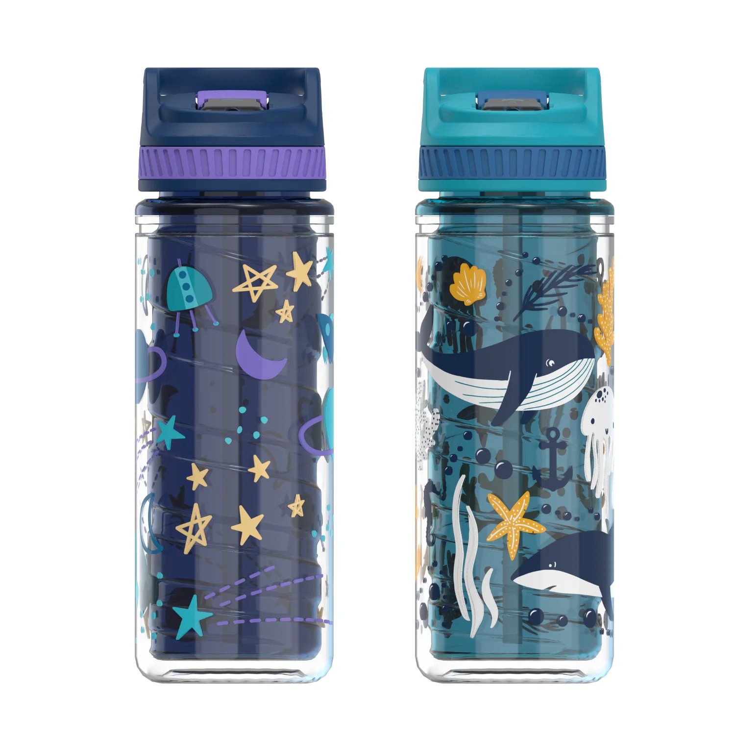 Cool Gear 2-Pack 16 oz Kid's Twist Water Bottle with Double Wall, Sipper Lid and Finger Loop Cap with Printed Design | Great for School, Sports, Outdoors, and More - Cellestial/ Sea Life - image 1 of 3
