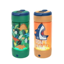 Cool Gear 2-Pack 16 oz Pop Lights Water Bottles | Light Up & Designed Travel Cup for Kids, Outdoors, Gifts - Shark/ Dino