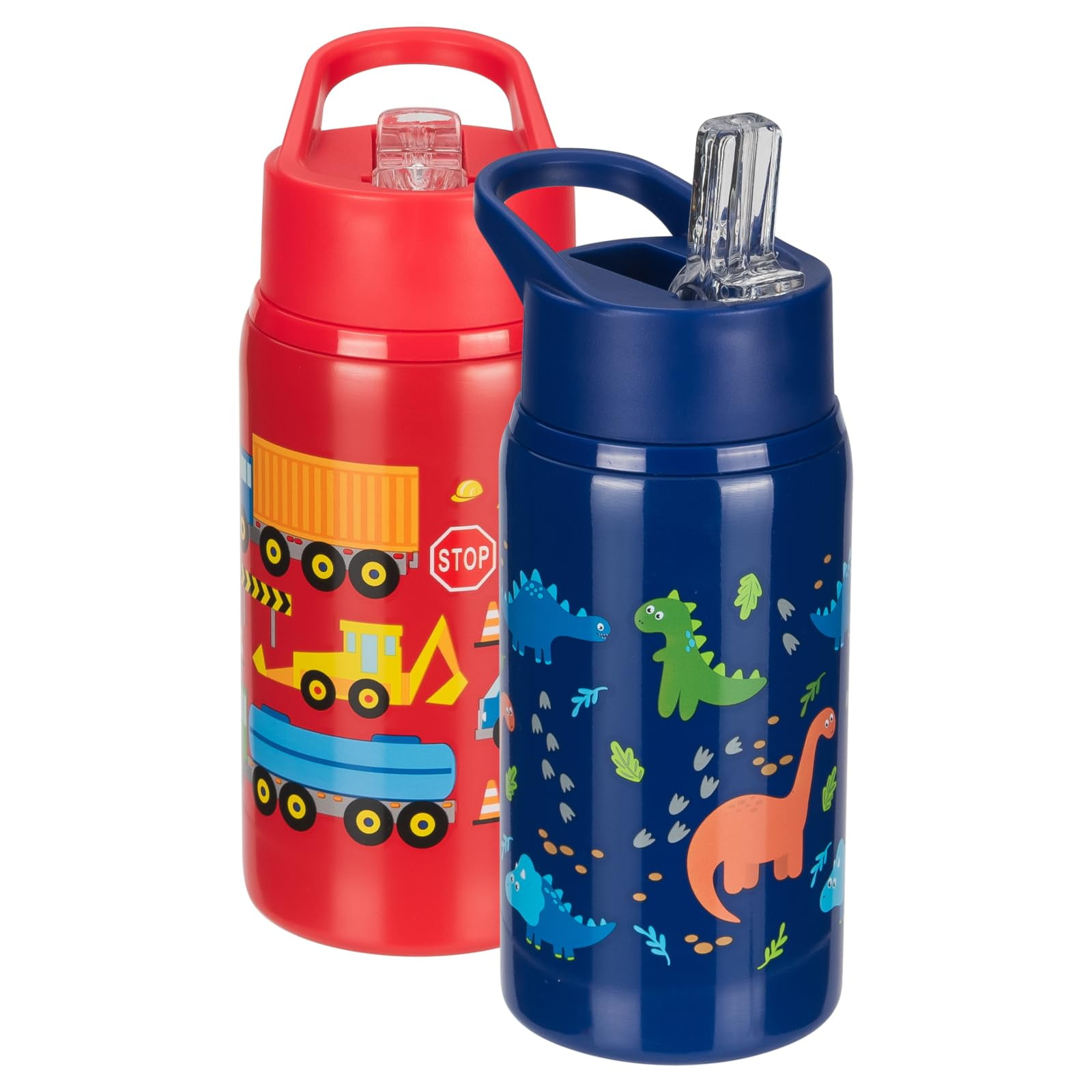 Cool Gear 2-Pack 18 oz Mashpee Kids Stainless Steel Water Bottle With Sipper Straw & Carrying Loop | Eco-Friendly, Wide Mouth, Leakproof for Kids, School, Gifts (Trucks/Dino)