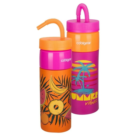 Cool Gear 2-Pack 24oz Go Grip! Retro Squishy Water Bottle | Cute Printed Design, Foam Grip, Resealable Bendy Straw | Dishwasher Safe - Summer Drinkware for Kids, Adults, Gifts - Fruit & Summer Vibes