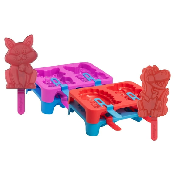 Cool Gear 2-Pack Stackable Ice Pop Trays | 8 Total Jumbo DIY Popsicle Molds | Dishwasher Safe, Easy to use, & Reusable | Create Fun, Homemade, Summer Frozen Treats - Puppy & Kitty/ Dino