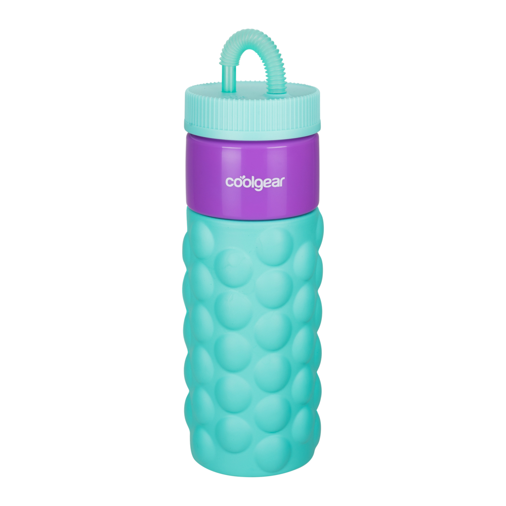Cool Gear 24oz Plastic Retro Squishy Water Bottle, Bubble Aqua with Foam Grip and Resealable Straw