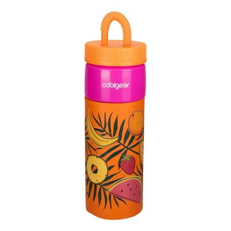 Cool Gear 24oz Plastic Retro Squishy Water Bottle, Fruits Orange with Foam Grip and Resealable Straw