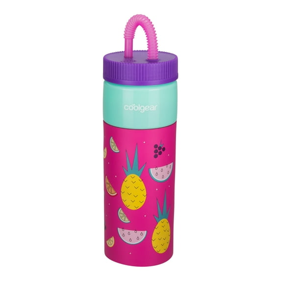 Cool Gear 24oz Plastic Retro Squishy Water Bottle, Fruits Pink with Foam Grip and Resealable Straw