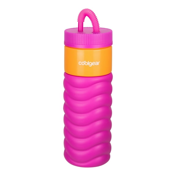 Cool Gear 24oz Plastic Retro Squishy Water Bottle, Wavy Pink with Foam Grip and Resealable Straw