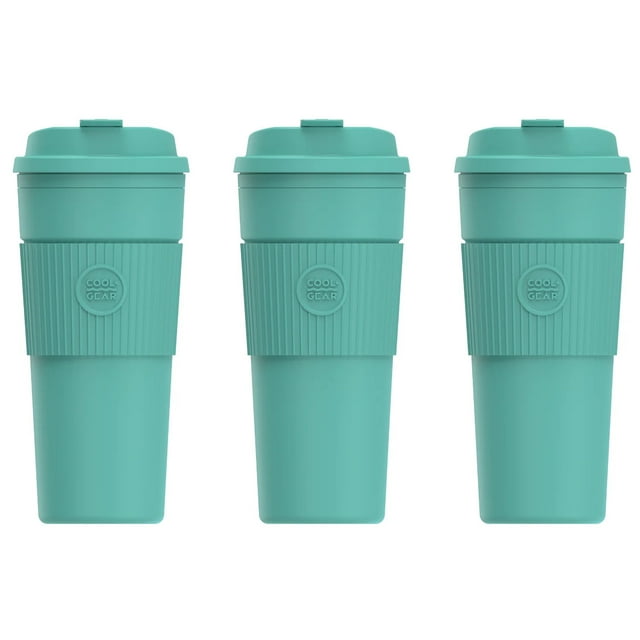 Cool Gear 3-Pack Eco 2 Go Coffee Mug with Protective Removable Band | Dishwasher Safe, Spillproof, Double-Wall Insulated Travel Mug for Coffee, Tea, and More | Green Tea Pack