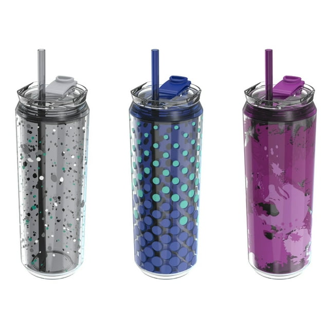 Cool Gear 3-Pack Modern Tumbler with Reusable Straw | Dishwasher Safe, Cup Holder Friendly, Spillproof, Double-Wall Insulated Travel Tumbler | Printed Variety Pack