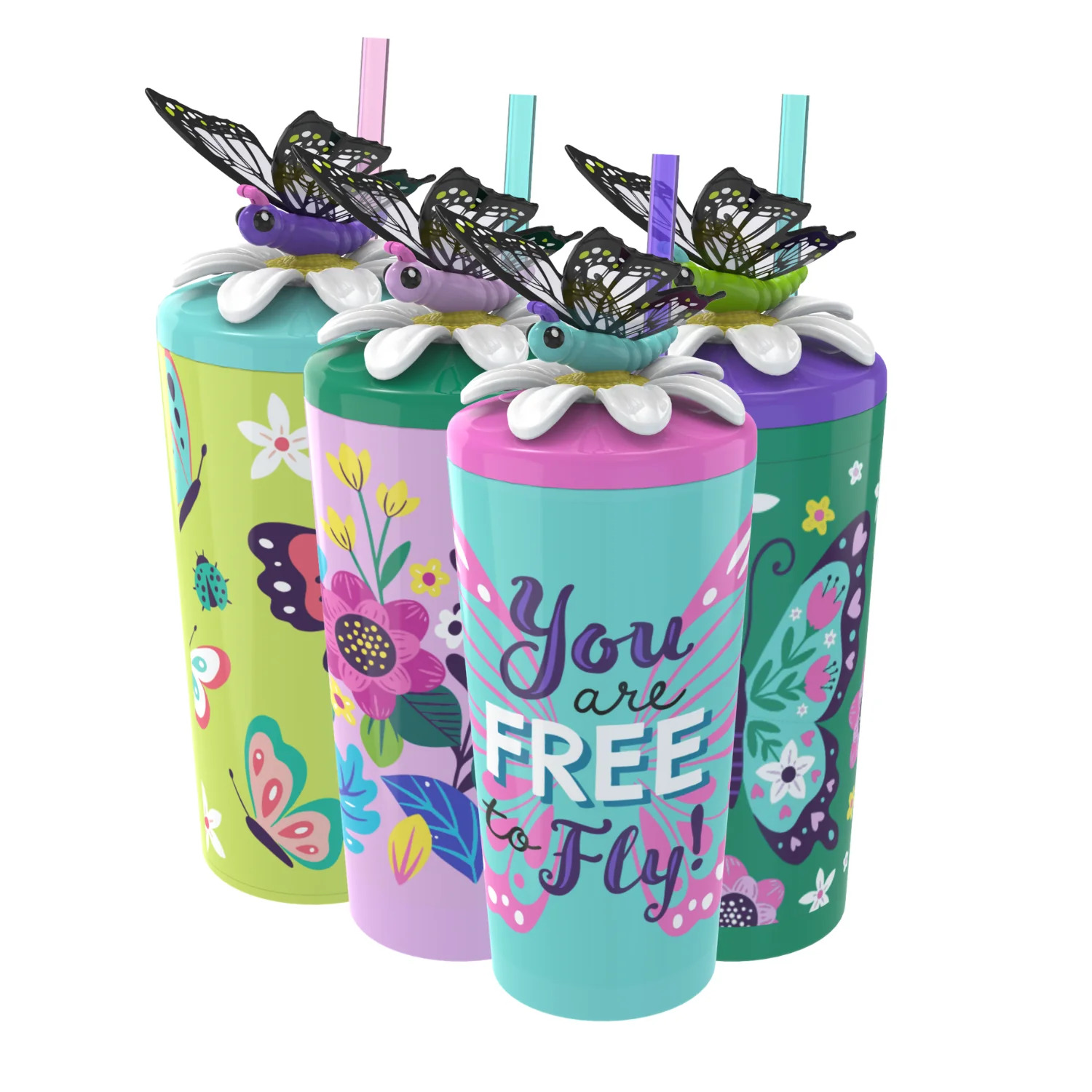 Cool Gear 4-Pack 18 oz Fun Toppers Butterfly Character Lid Tumblers with straw included | Durable, Reusable Water Bottle Gift for Kids, Adults - image 1 of 5