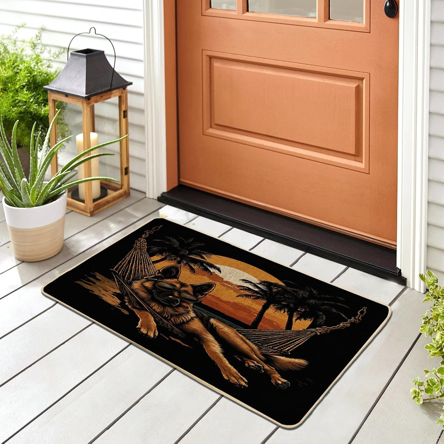 Cool German Shepherd Dog Front Black Door Mat Outside Inside Entrance 29 17, Fun Tropical Palm Tree Outdoor Indoor Non Slip Doormat, Small Pet Shoes Off Doormat for Patio Interior Garage.