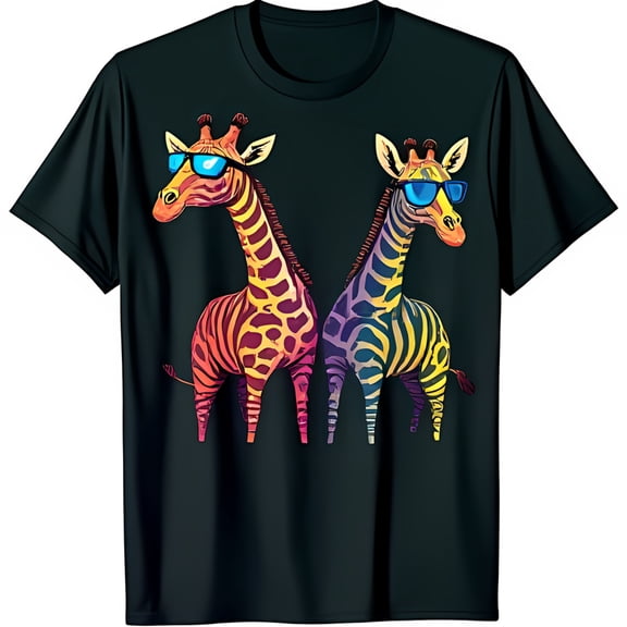 Cool Giraffes with Sunglasses Graphic Black T-Shirt for Fun Style