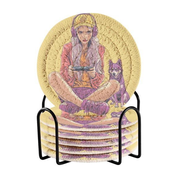 Cool Girl Play Game and Dog Coasters with Holder for Coffee Table 6 Pcs Drink Coaster Sets Absorbent for Home Decor 4 inch