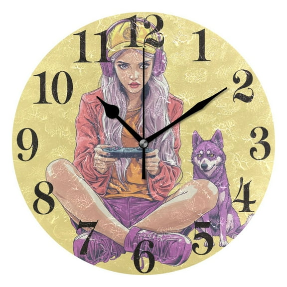 Cool Girl Play Game and Dog Round Wall Clock Battery Operated Silent Non-Ticking Bedroom Office Kitchen Home School Decor 10"(Black)