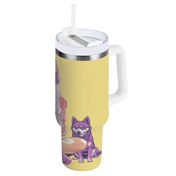 Cool Girl Play Game and Dog Tumbler with Handle and Straw Lid 30 oz Insulated Vacuum Water Bottle Stainless Steel Travel Cup