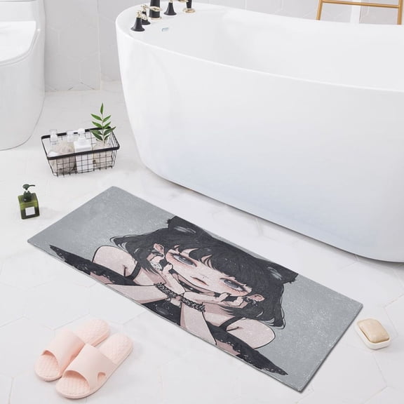 Cool Girl with Cat Ear Bath Mat 39x20 Non-Slip Bathroom Rugs Absorbent Soft Plush Quick Dry for Tub Shower Kitchen Home Decor