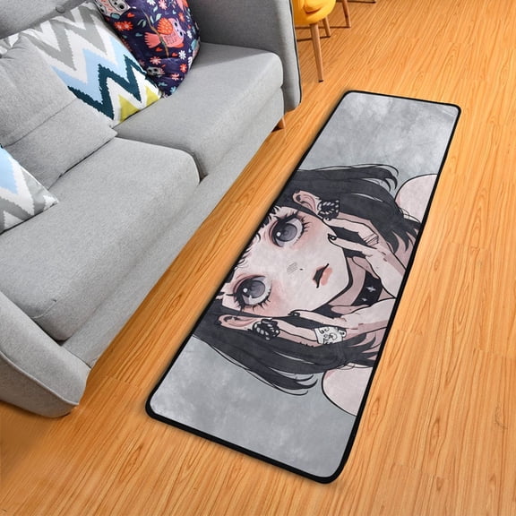 Cool Girl with Cat Ear Hallway Runner Rug 2'X6' Non-Slip Washable Carpet Runner Kitchen Entryway Laundry Bedroom