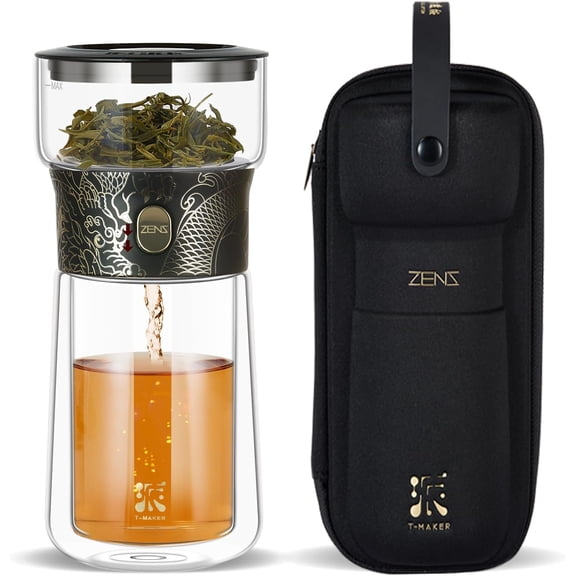 Cool Glass Teapot with Infuser, One-Touch Tea Maker for Loose Leaf Tea, 9 oz Black Dragon Design, Includes Insulated Mug and Carrying Case