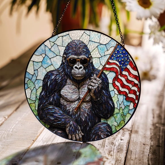 Cool Gorilla Waving USA Flag Glass Suncatcher, Round Window Decor, for Dad, 7.9 in