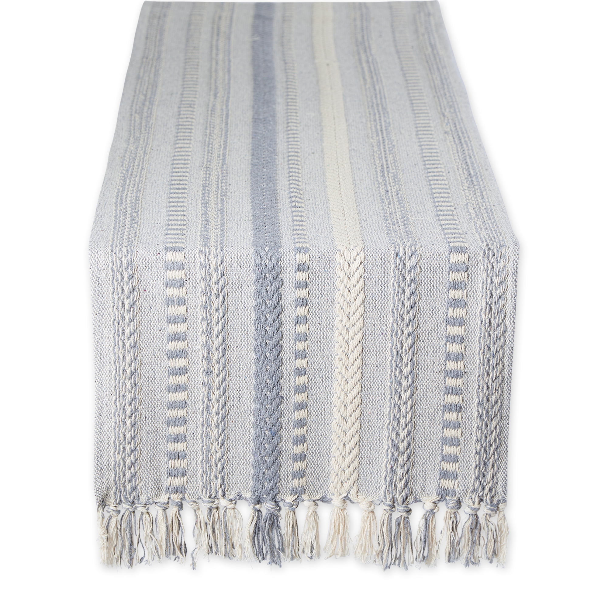 Cool Gray and Off-White Cotton Braided Stripe Table Runner with Fringe