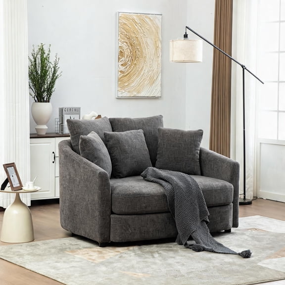 Cool Gray Chenille Curved Silhouette Oversized Cuddle Chaise, Deep Seat Accent Lounger for Home Reading and Relaxing