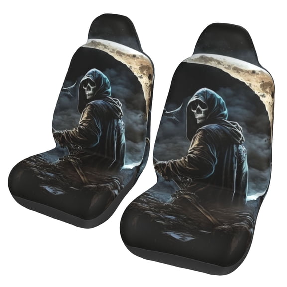 Cool Grim Reaper Night Skull Moon Car Seat Cover 2 Pcs Auto Front Bucket Seats Protector Cushion Universal Vehicle Truck SUV