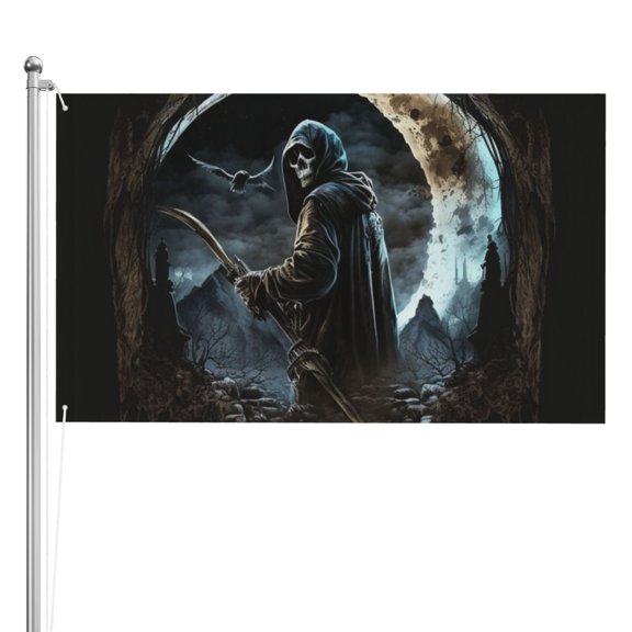 Cool Grim Reaper Night Skull Moon Double Sided Flag 3x5FT Reversible Garden Flag Outdoor Decor for House, Porch, Lawn, Yard, Indoor Wall, Party Decoration