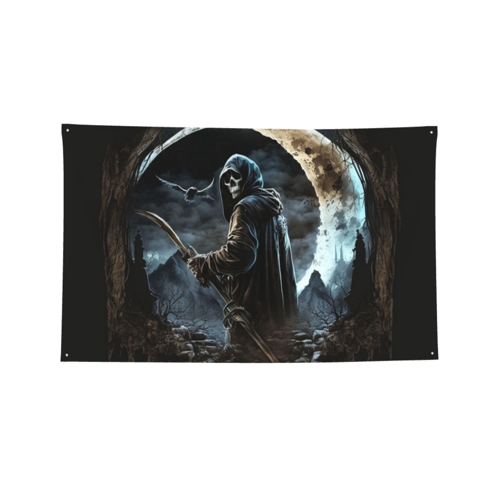 Cool Grim Reaper Night Skull Moon Four Hole Decorated Banner Flag for Garden Yard Home Decoration Indoor Outdoor 4x6 Ft