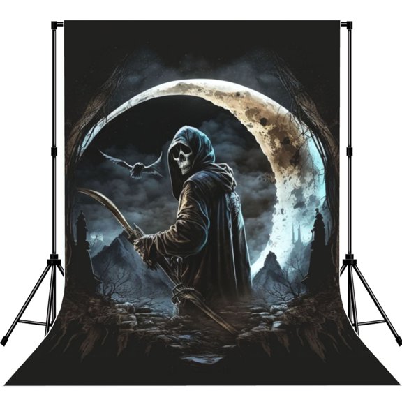 Cool Grim Reaper Night Skull Moon Photography Backdrop 5x7Ft Background for Photo Studio Video Recording Birthday Party Wedding Home Decor