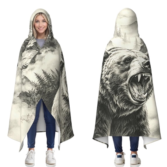 Cool Grizzly Bear Wearable Blanket Hoodies for Women Men Adults Bear Lovers Soft Warm Mountain Forest Roaring Bears Hooded Blankets for Home Bed Decor Halloween 50x60 Inch