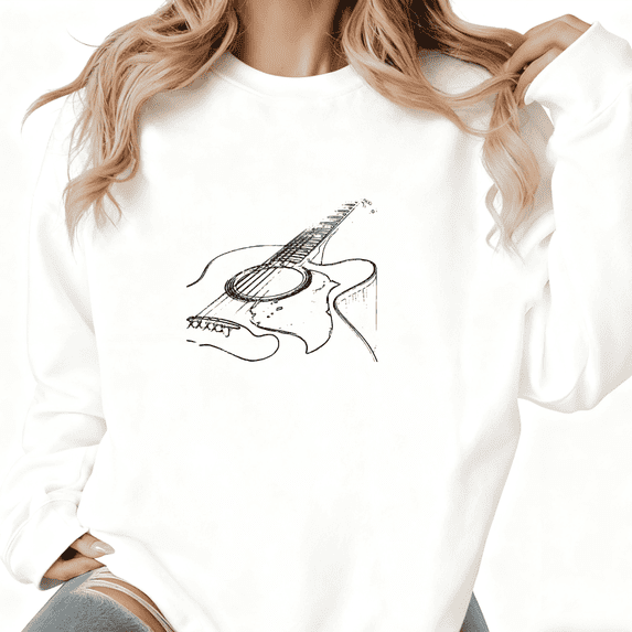 Cool Guitar Minimalist Graphic Suitable Fashion Tee T-Shirt Top Print Round-neck long-sleeved white S-3XL