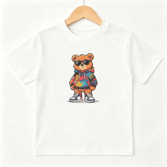 Cool Hip Hop Bear Sunglasses Boys Graphic Tees Streetwear Kids T-Shirt 100% Cotton Short Sleeve Tops Ages 4-13Y