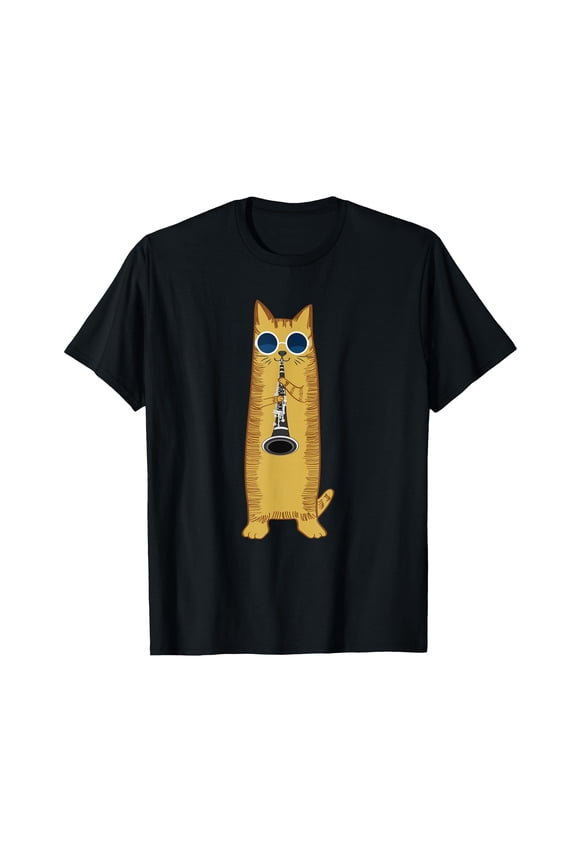 Cool Hippy Hipster Orange Striped Kitty Playing Clarinet T-Shirt Express Your Unique Musical Style