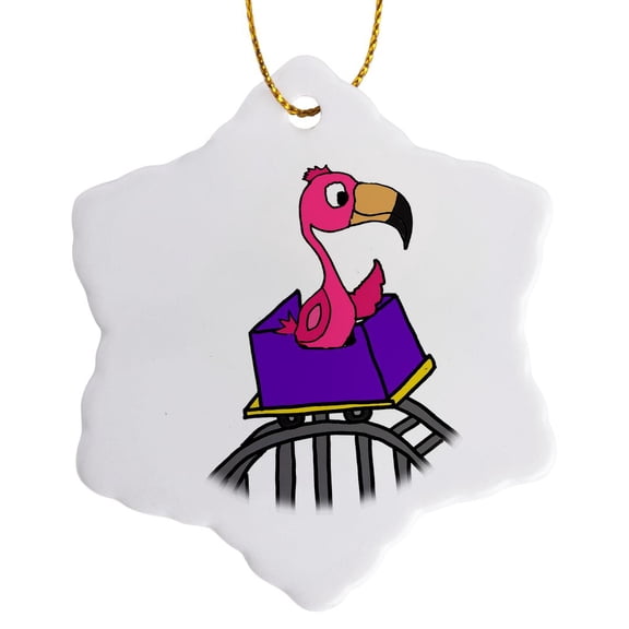 3drose, Cool Humorous Pink Flamingo Bird Riding Roller Coaster Art, 3 inch Snowflake Porcelain Ornament
