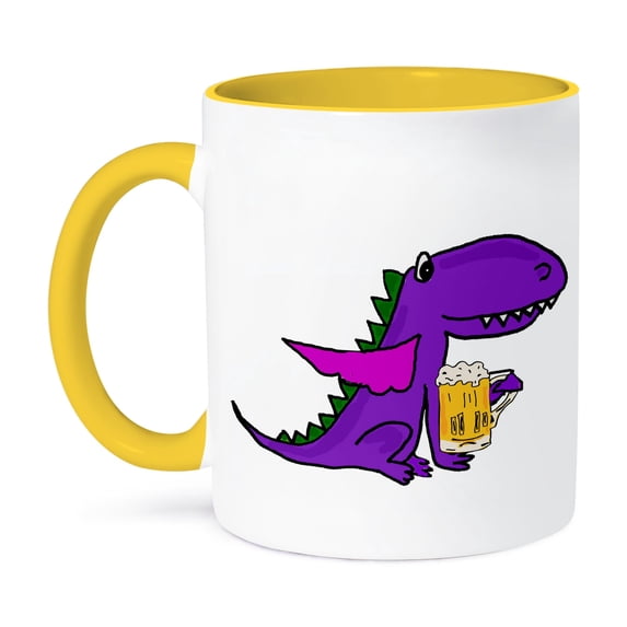 3dRose, Cool Humorous Purple Dragon Drinking Beer Cartoon, 15oz Two-Tone Yellow Mug